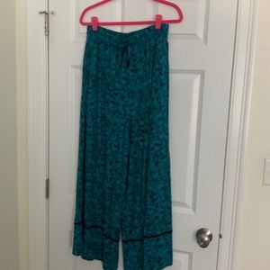 Anthropologie Wide Leg Pajama Pants Teal Blue Black Pattern